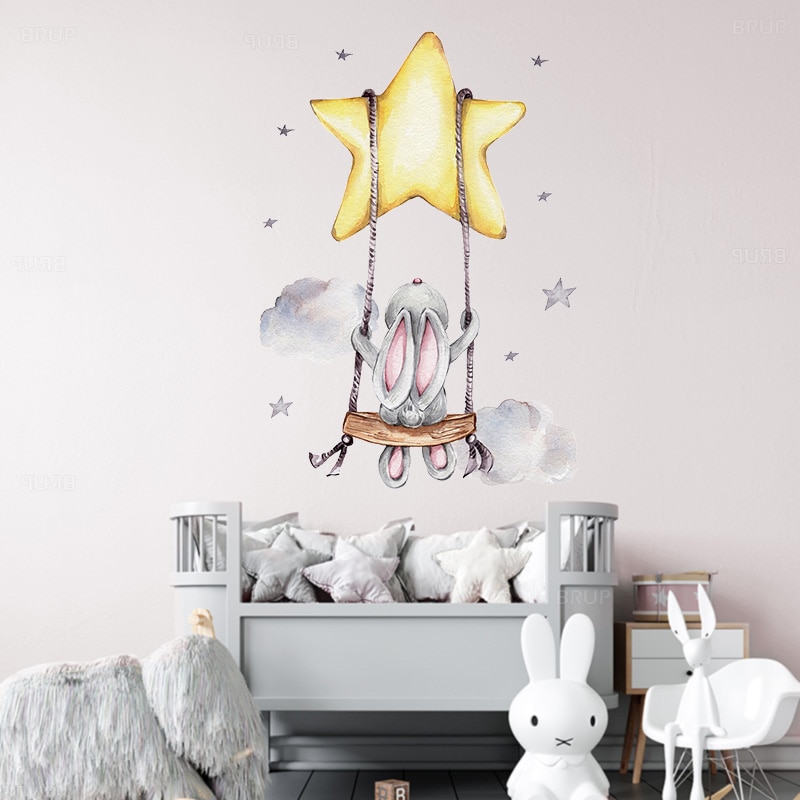 Bunny Baby Nursery Wall Stickers Cartoon Rabbit Swing on the Stars Wall Decals for Kids Room 1