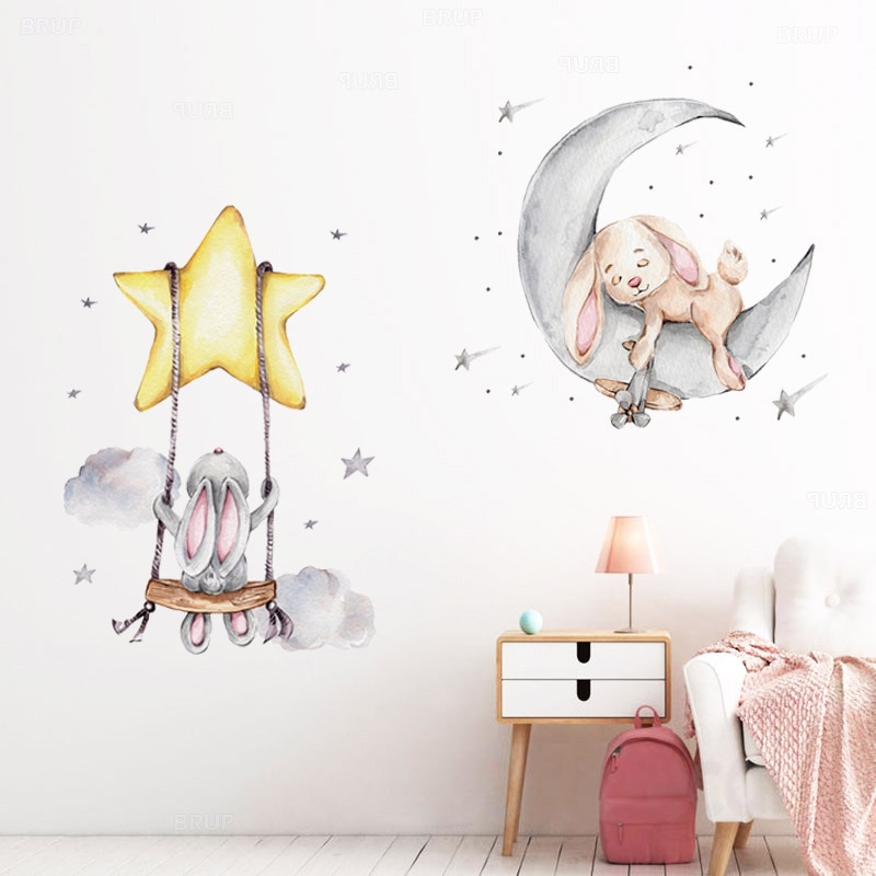 Bunny Baby Nursery Wall Stickers Cartoon Rabbit Swing on the Stars Wall Decals for Kids Room 2