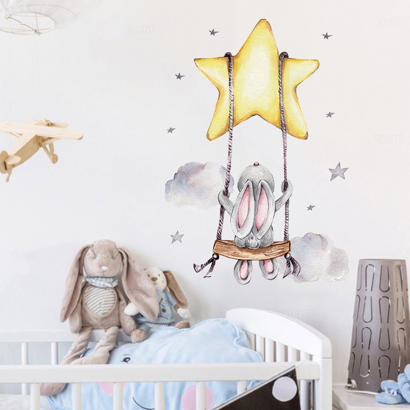 Bunny Baby Nursery Wall Stickers Cartoon Rabbit Swing on the Stars Wall Decals for Kids Room 3