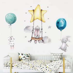 Bunny Baby Nursery Wall Stickers Cartoon Rabbit Swing on the Stars Wall Decals for Kids Room