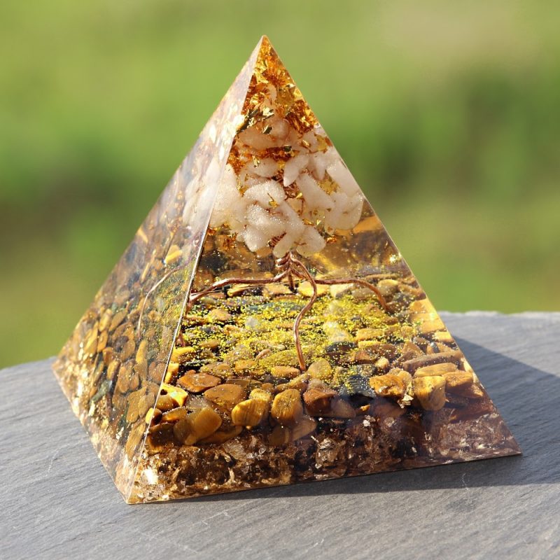 Handmade White Crystal Tree Of Life Orgone Pyramid Tiger Eye Stone Healing Orgonite Pyramid Resin Ornaments 2