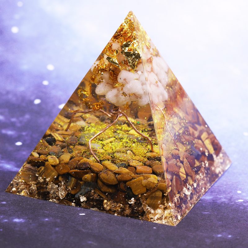 Handmade White Crystal Tree Of Life Orgone Pyramid Tiger Eye Stone Healing Orgonite Pyramid Resin Ornaments 3