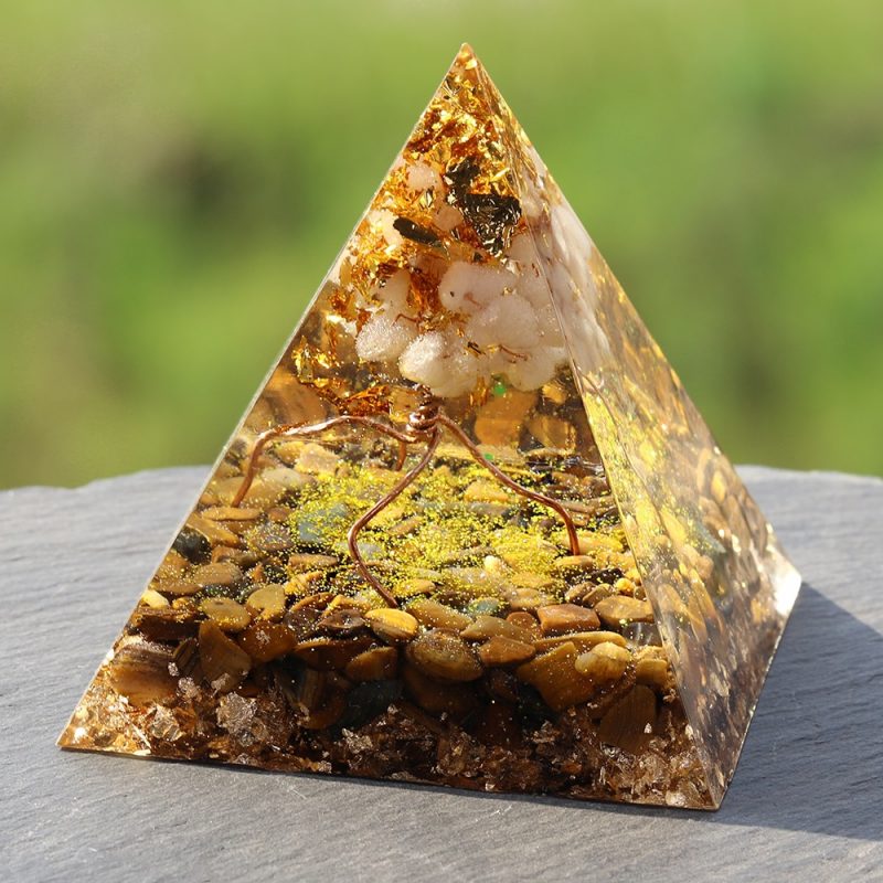 Handmade White Crystal Tree Of Life Orgone Pyramid Tiger Eye Stone Healing Orgonite Pyramid Resin Ornaments 4