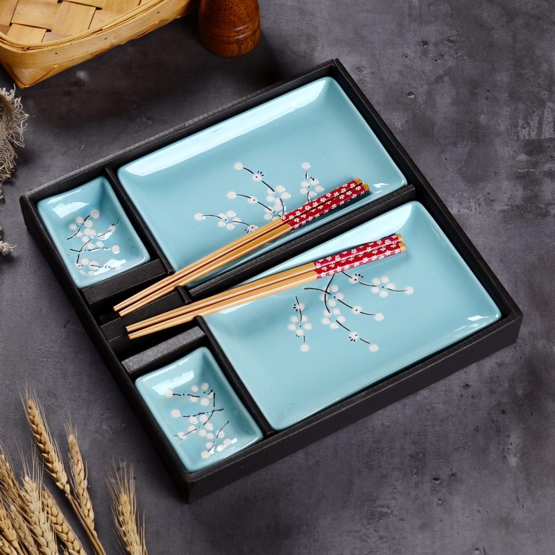 Panbado Japanese Style Blue Porcelain Sushi Plate Set with 2XSushi Plates Dip Dishes Stick Stands Bamboo 1