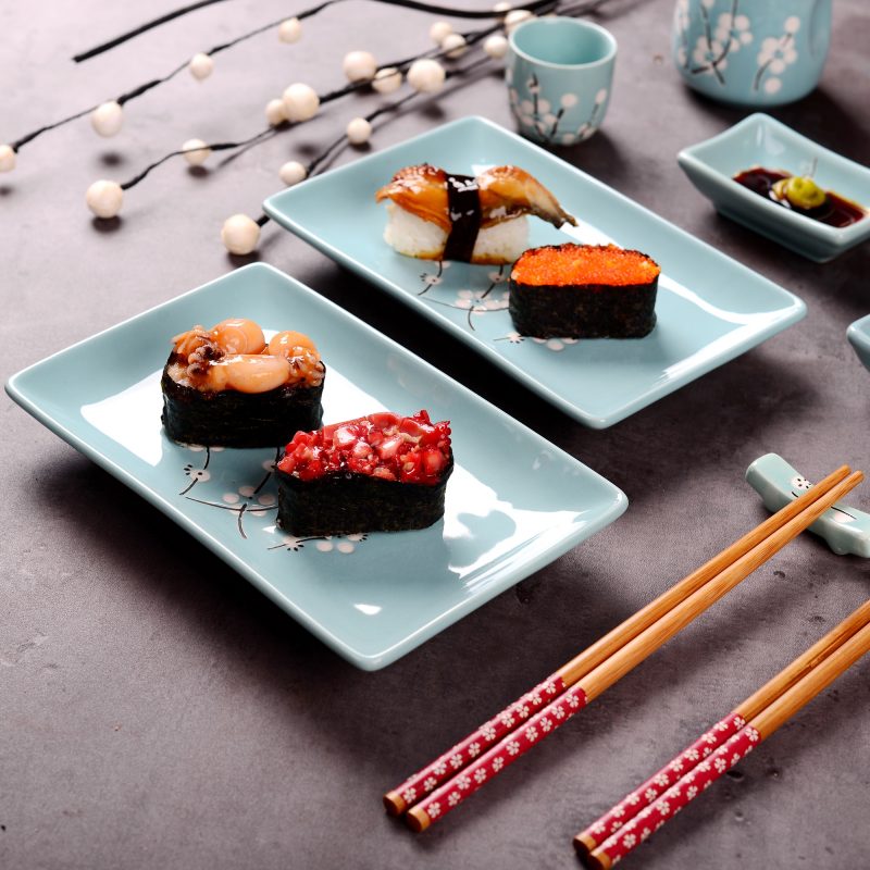 Panbado Japanese Style Blue Porcelain Sushi Plate Set with 2XSushi Plates Dip Dishes Stick Stands Bamboo 2