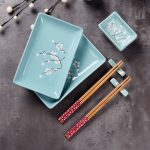 Panbado Japanese Style Blue Porcelain Sushi Plate Set with 2XSushi Plates Dip Dishes Stick Stands Bamboo 3