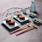 Panbado Japanese Style Blue Porcelain Sushi Plate Set with 2XSushi Plates Dip Dishes Stick Stands Bamboo 4