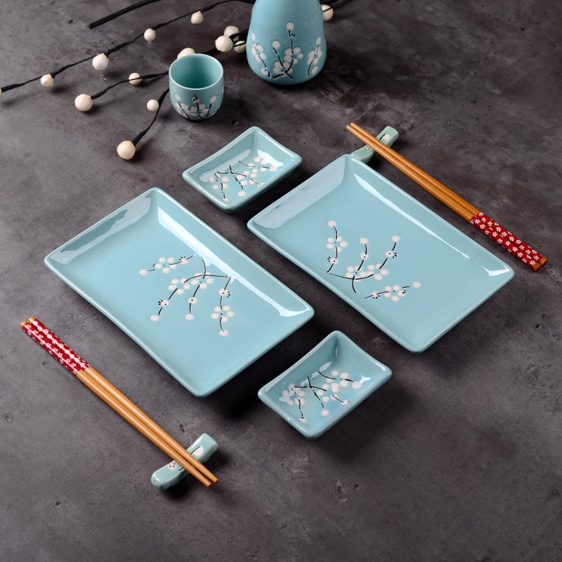 Panbado Japanese Style Blue Porcelain Sushi Plate Set with 2XSushi Plates Dip Dishes Stick Stands Bamboo