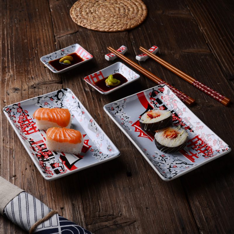 Panbado Japanese Style Porcelain Sushi Plate Set with 2XSushi Plates Dip Dishes Stick Stand Bamboo Chopsticks 1