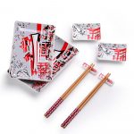 Panbado Japanese Style Porcelain Sushi Plate Set with 2XSushi Plates Dip Dishes Stick Stand Bamboo Chopsticks