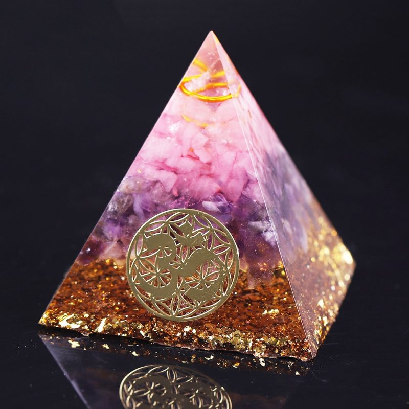 Rose Quartz Healing Orgone Pyramid with om Symbol Energy Generator Crystal Mediation Home Office Deco 1