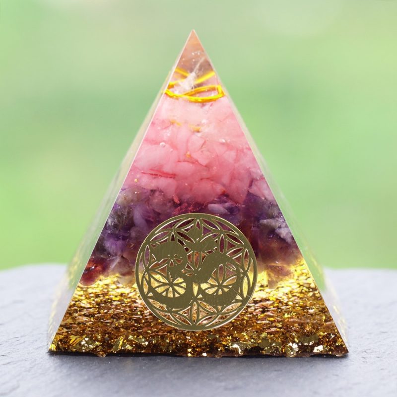 Rose Quartz Healing Orgone Pyramid with om Symbol Energy Generator Crystal Mediation Home Office Deco