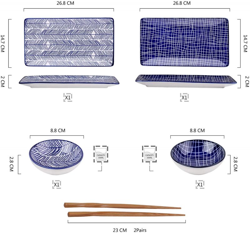 Vancasso Takaki Japanese Style Porcelain Sushi Plate Set with 2 Sushi Plates Dipping Dishes 2 Pairs 2