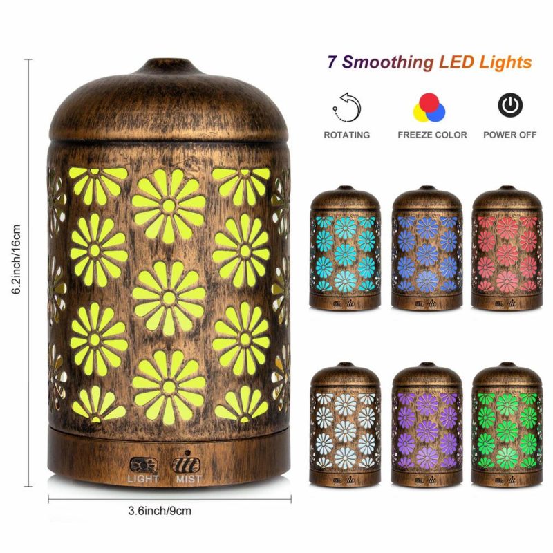 Oil Diffuser Vintage Metal Quiet Aromatherapy Humidifier Ultrasonic Essential with 7 Color Changing Lights Cute Humidifier 2