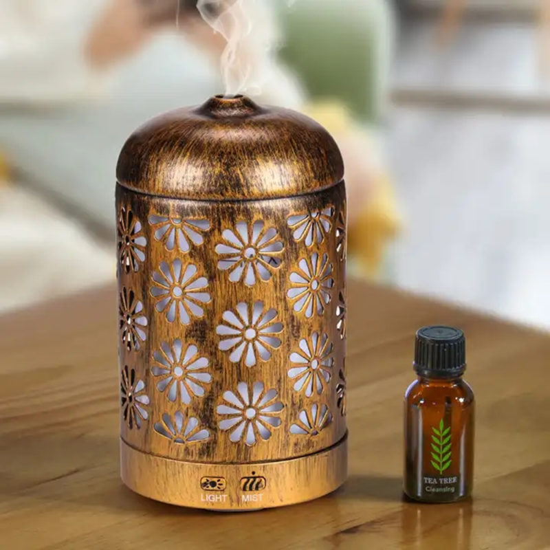 Oil Diffuser Vintage Metal Quiet Aromatherapy Humidifier Ultrasonic Essential with 7 Color Changing Lights Cute Humidifier